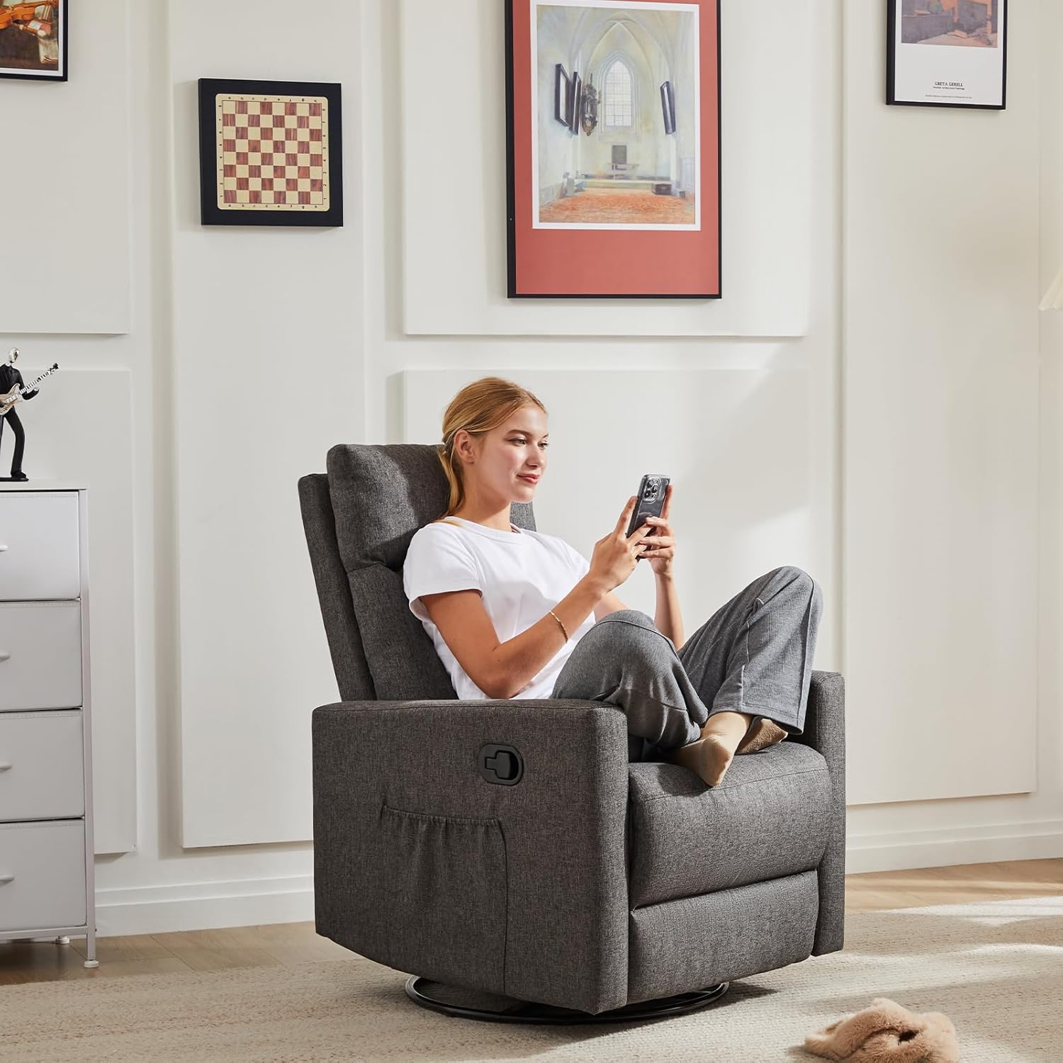 DUMOS Recliner Chair for Adults, Massage Reclining Chair for Living Room, Adjustable Home Theater Seating Single Sofa with Padded Seat Backrest and Footrest, Linen, Grey wourant