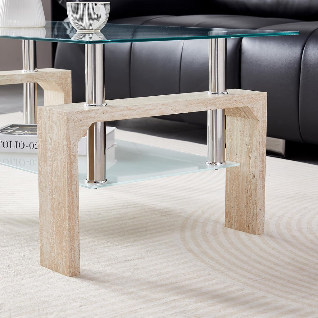 Living Room Rectangle Coffee Table, Tea Table Suitable for Waiting Room, Modern Side Coffee Table with Wooden Leg, Glass Tabletop wourant