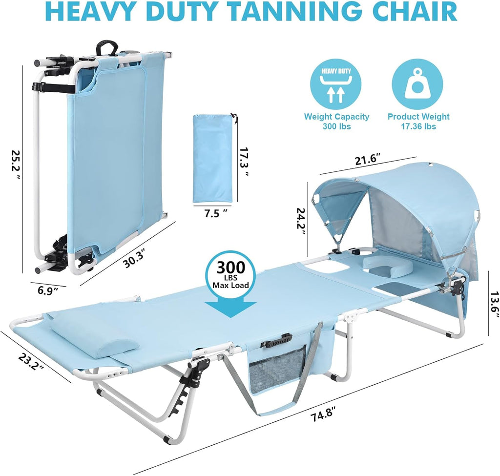 Tanning Chair with Sun Canopy Face Hole, Heavy Duty Folding Chaise Lounge Chair 5 Position Reclining for Adults Outside Reading Sunbathing Poolside Camping Beach, UPF 50+ Sun Shade, 300 LBS wourant