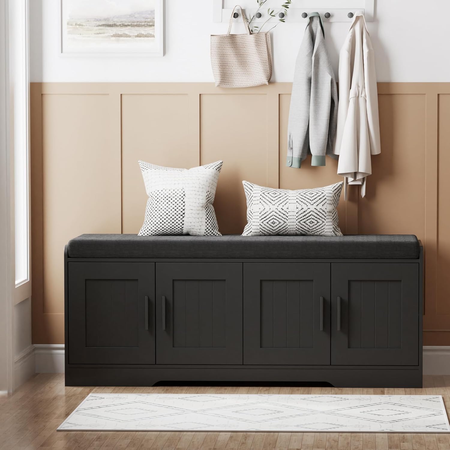 2-Tier Storage Bench, Shoe Bench with Thickened Padded Seat Cushion, Entryway Bench with 4 Doors, Adjustable Shelf, 13.8" D x 45.3" W x 18.5" H, for Entryway, Living Room, Bedroom, White wourant