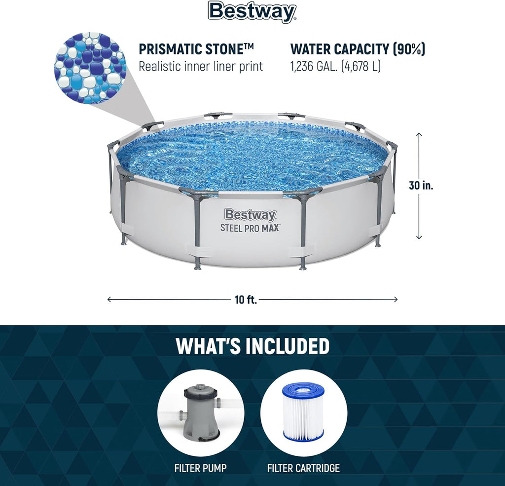 Steel Pro MAX 10 Foot x 30 Inch Round Metal Frame Above Ground Outdoor Backyard Swimming Pool Set with 330 GPH Filter Pump wourant