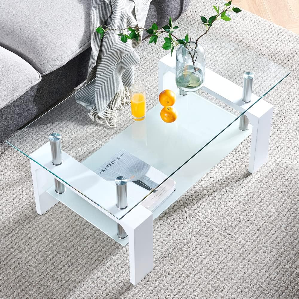 Living Room Rectangle Coffee Table, Tea Table Suitable for Waiting Room, Modern Side Coffee Table with Wooden Leg, Glass Tabletop wourant