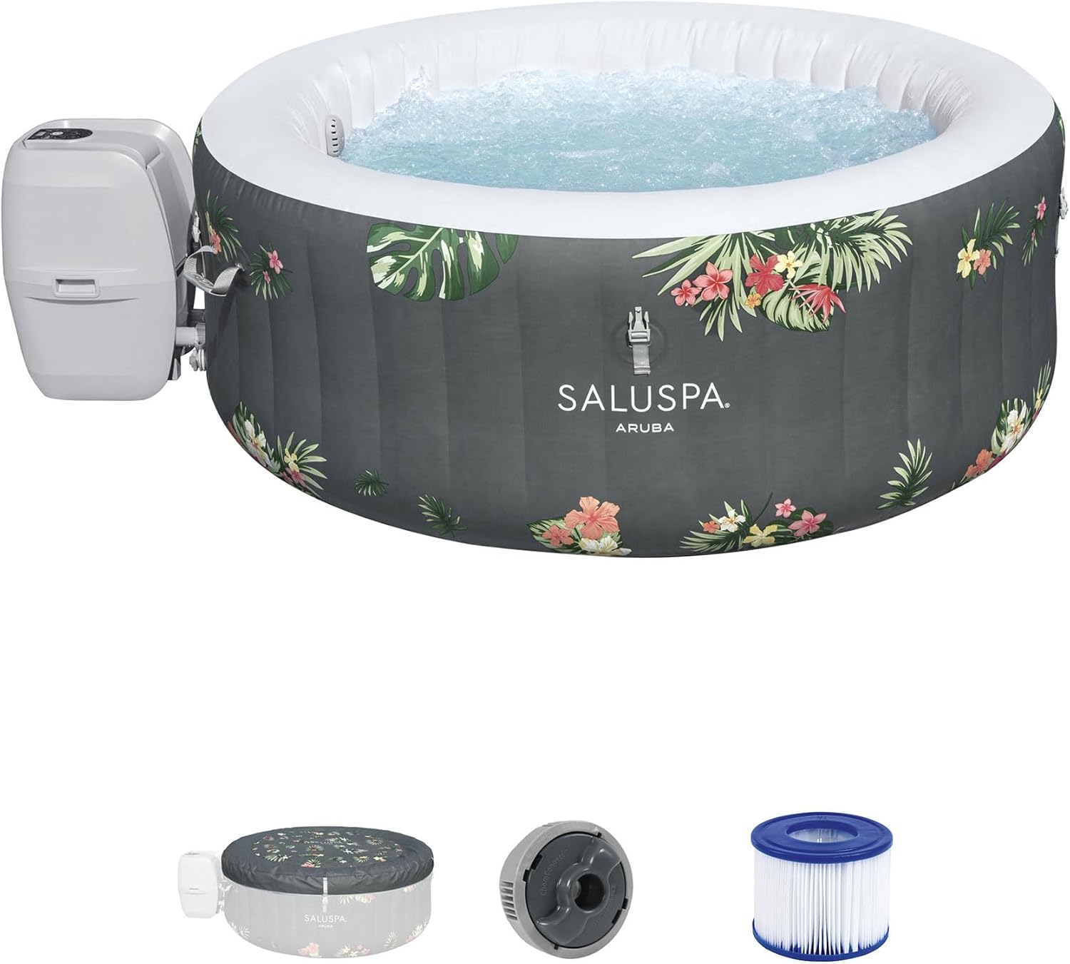 SaluSpa Aruba AirJet Large Round 2 to 3 Person Inflatable Hot Tub Portable Outdoor Spa with 110 AirJets and EnergySense Cover, Grey wourant
