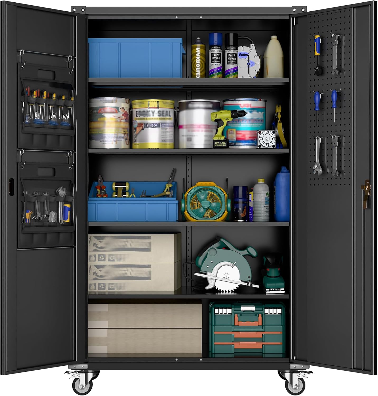 Aobabo Upgraded Garage Storage Cabinets with Wheels,Metal Storage Cabinets with 5 Adjustable Shelves for Garage Home Office Storage, Black,71''H*34''W*18''D,Assembly Required wourant