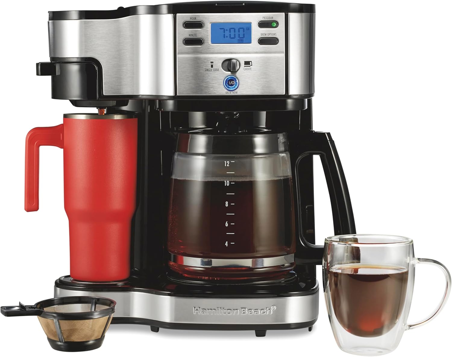 Hamilton Beach 2-Way Programmable Coffee Maker, 12 Cup Glass Carafe And Single Serve Coffee Maker, Black with Stainless Steel Accents, 49980RG woonhhop