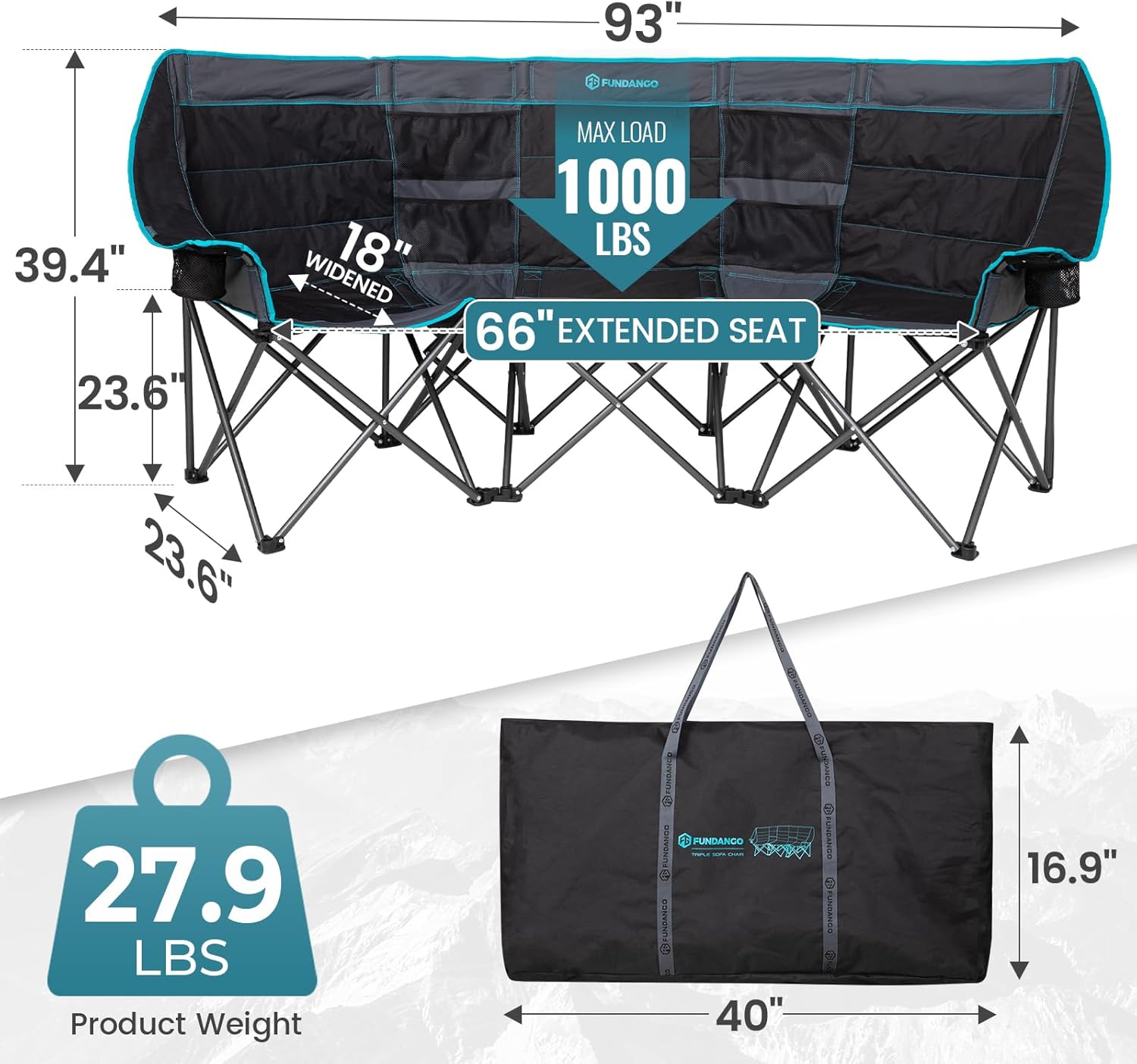 Double Camping Chair with Cooler 3-Person Folding Extra Large Camping Chair with 1000-Pound Load Capacity wourant