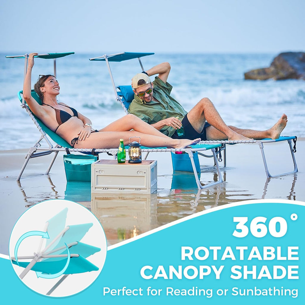 2 Pack Outdoor Chaise Lounge Chair - Portable Folding Patio Pool Lounge Chair, 5 Positions Adjustable Reclining Camping Chair with Side Table,Shoulder Strap, Pillow for Beach Sunbathing Lawn wourant