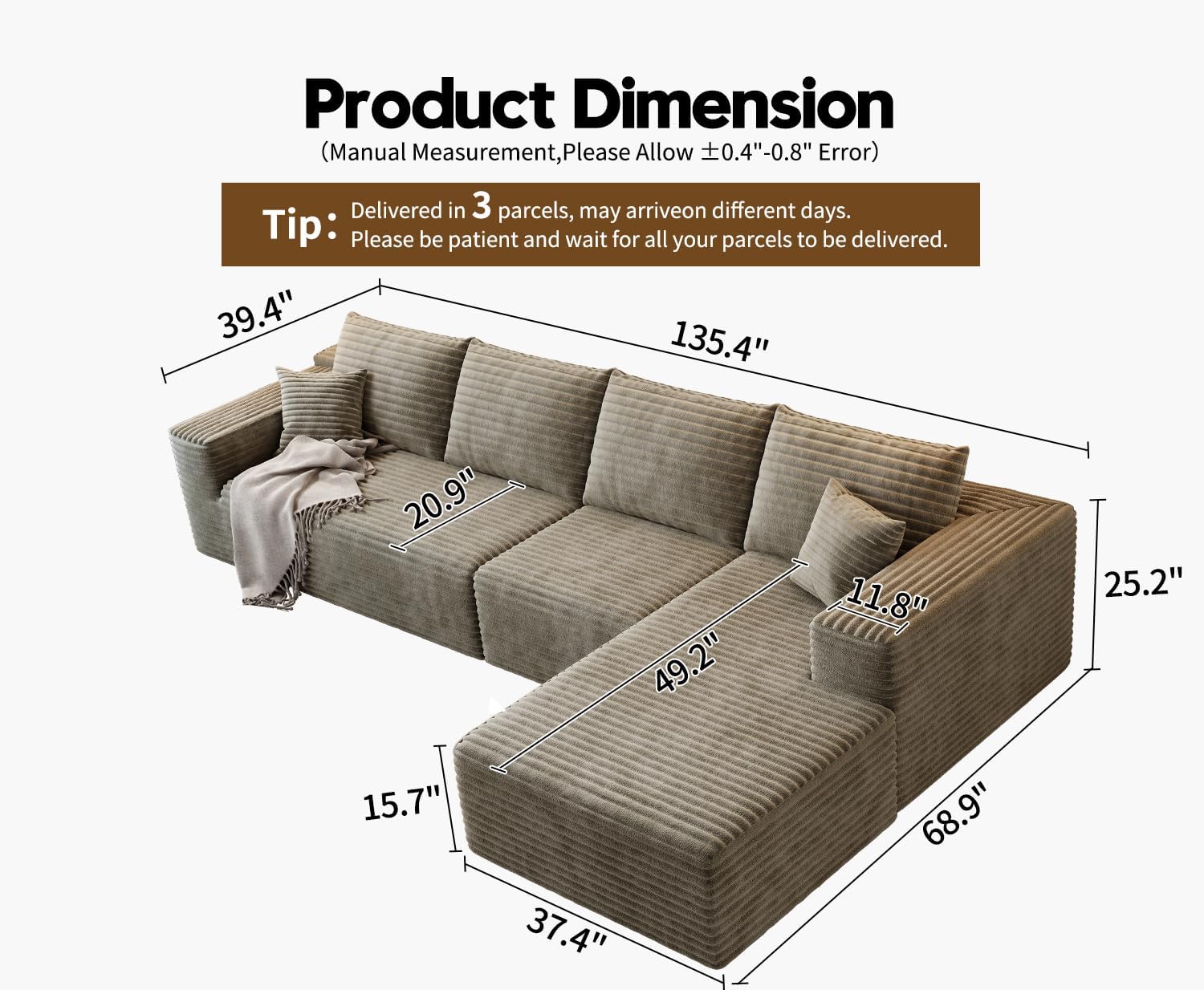 107.5" Cloud Modular Sectional Sofa Couch with L-Shape Chaise,Modern Minimalist Upholstered Couches wourant