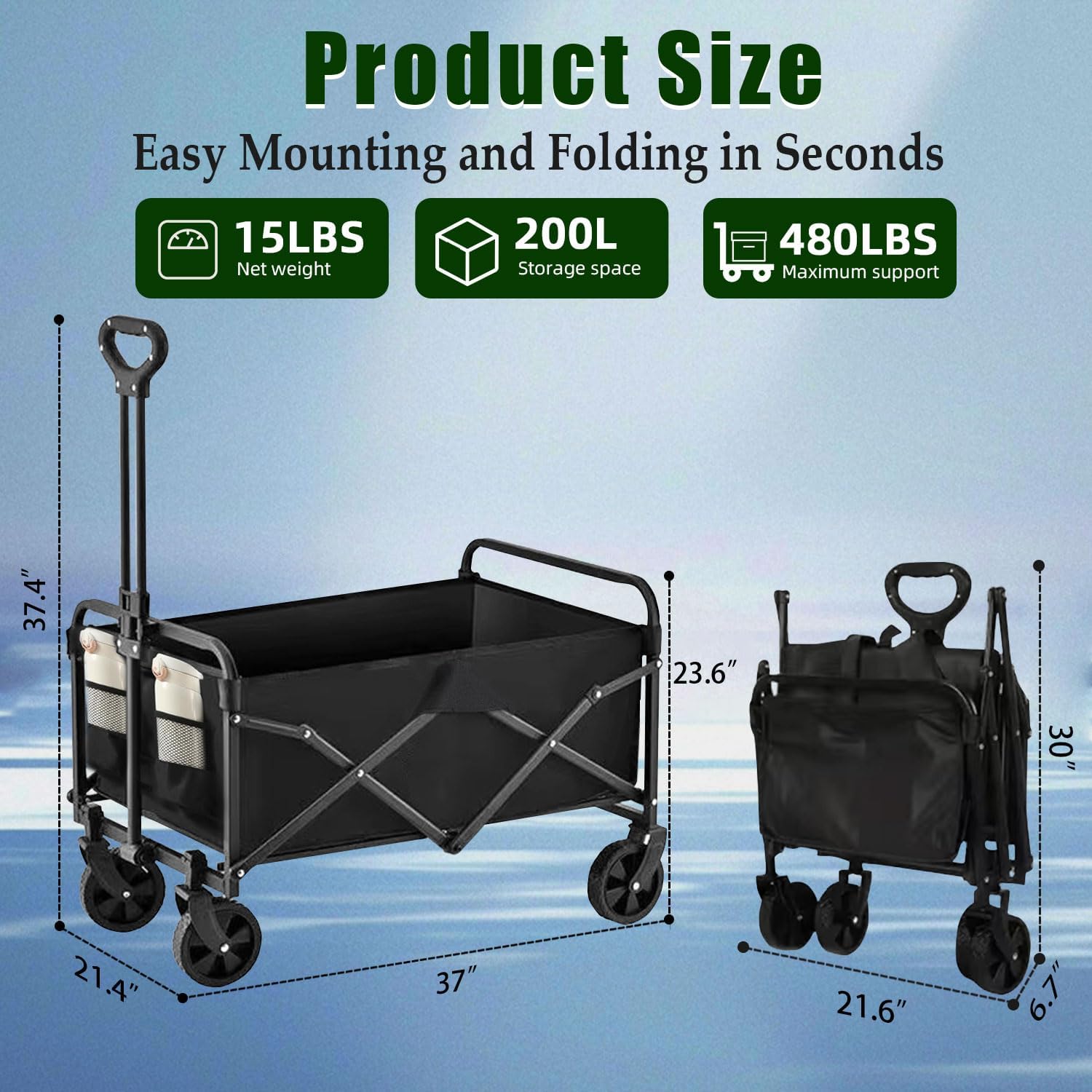 Foldable 4-wheel cart, foldable, 37 inches long, 480 lb capacity, heavy-duty beach cart, shopping cart with wheels wourant