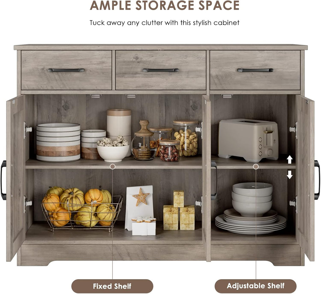 Modern farmhouse sideboard, barn door buffet storage cabinet with drawers and shelves, wooden coffee bar with storage wourant