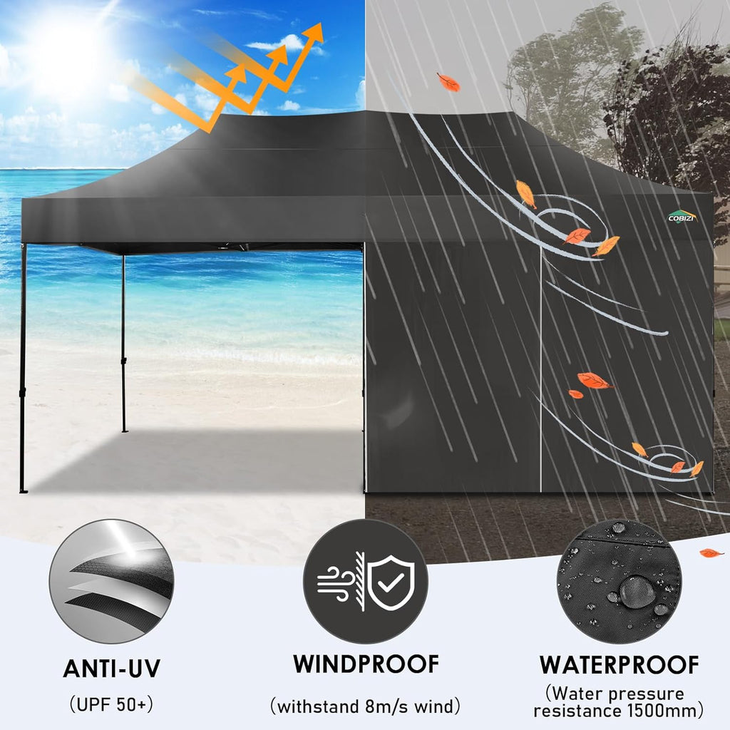 COBIZI 10x20 Heavy Duty Pop up Canopy Tent with 6 sidewalls Easy Up Commercial Outdoor Canopy Wedding Party Tents for Parties All Season Wind & Waterproof Gazebo with Roller Bag,Black(Frame Thickened) wourant