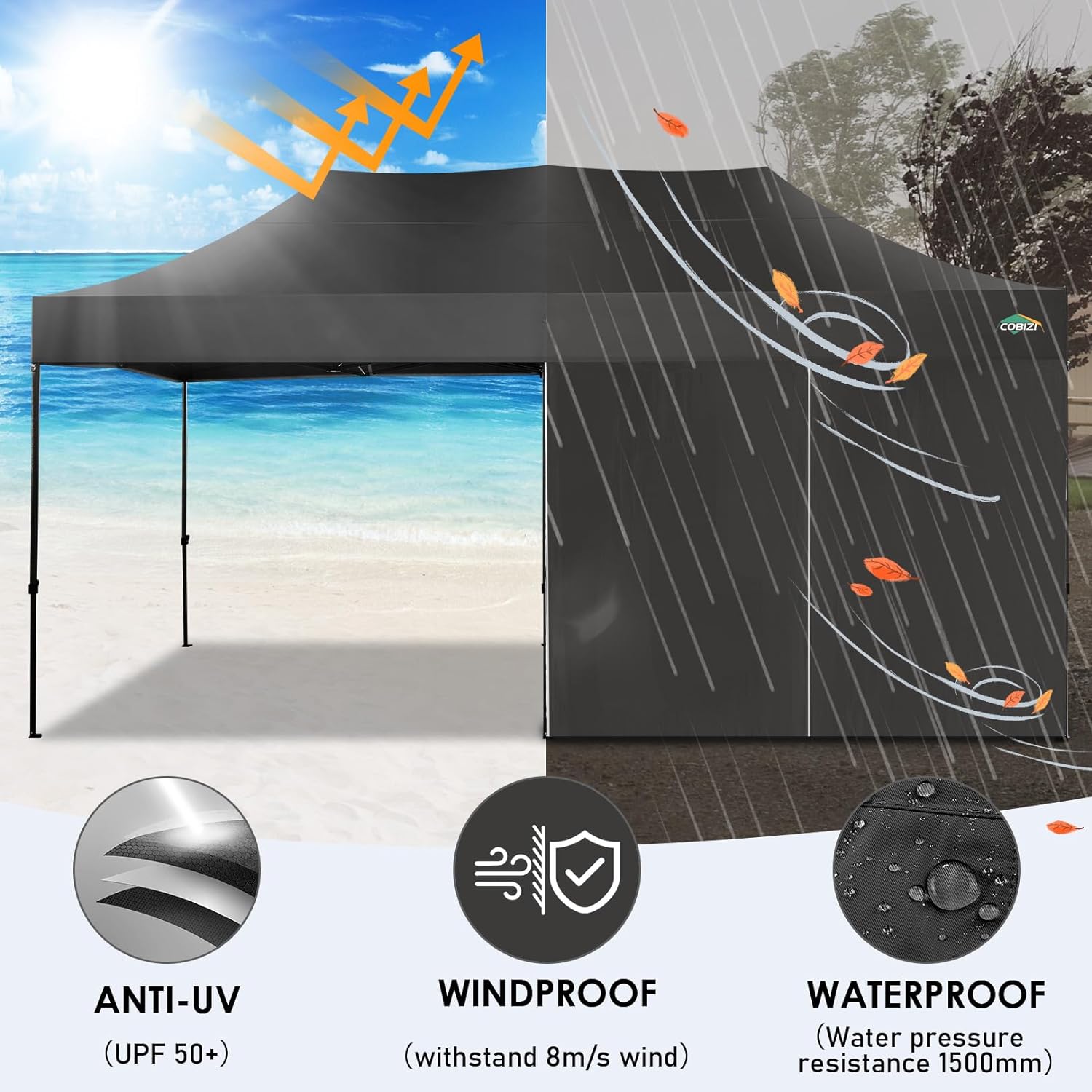 COBIZI 10x20 Heavy Duty Pop up Canopy Tent with 6 sidewalls Easy Up Commercial Outdoor Canopy Wedding Party Tents for Parties All Season Wind & Waterproof Gazebo with Roller Bag,Black(Frame Thickened) wourant