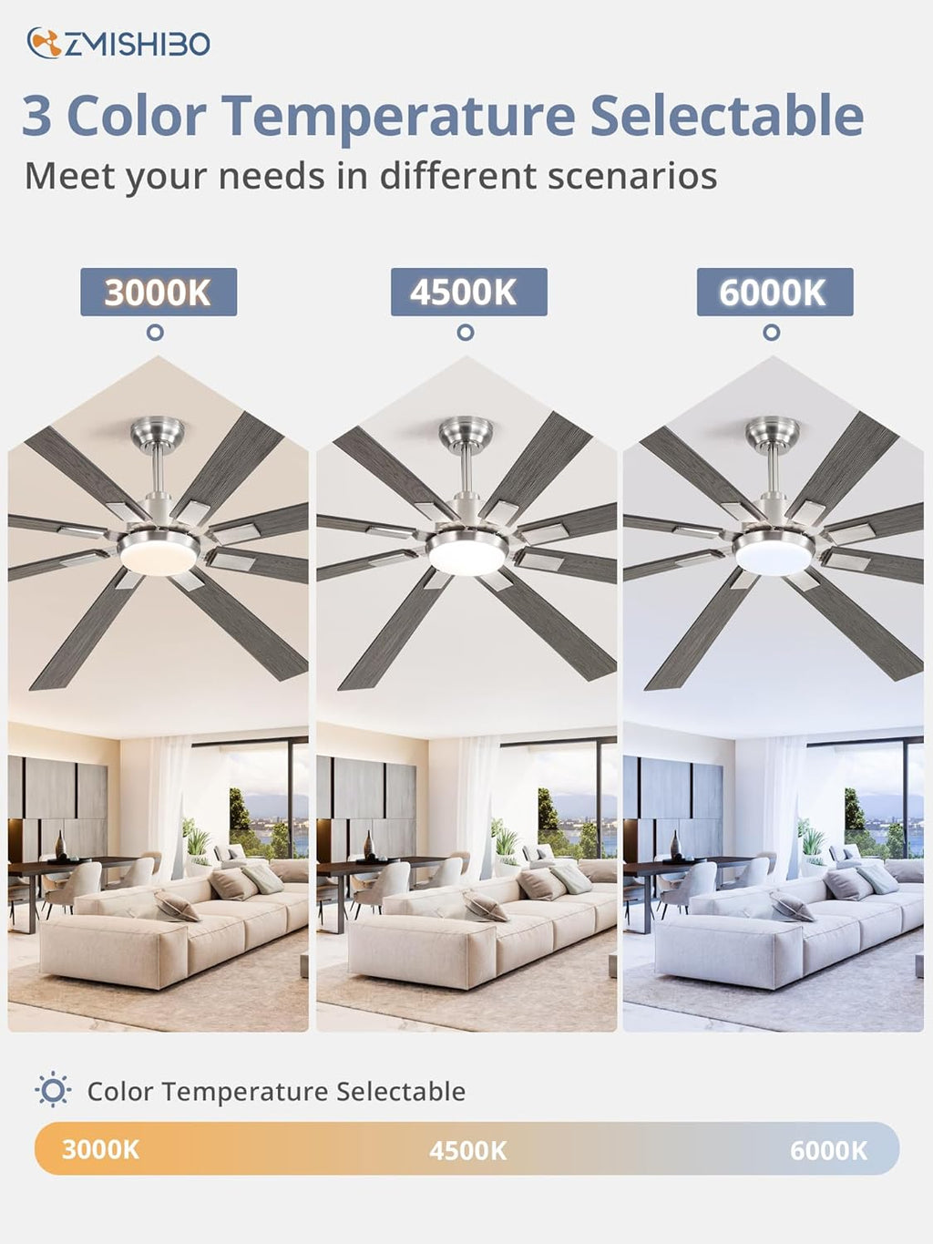ZMISHIBO 72 inch Large Ceiling Fans with Lights and Remote, Indoor/Outdoor Black Modern Ceiling Fan for Kitchen Living Room Patio, 6 Speed Reversible Quiet DC Motor, 3 CCT, Dual Finish 8 Blades wourant