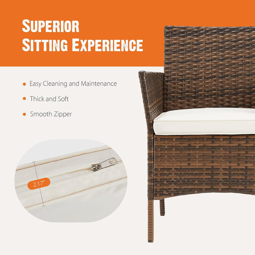 Sweetcripy Patio Furniture Set 3 Pieces, Outdoor Furniture with Soft Cushion and Glass Table, All Weather Manual Weaving Wicker Rattan Patio Chairs for Garden, Terrace, Porch(Black and Beige) wourant
