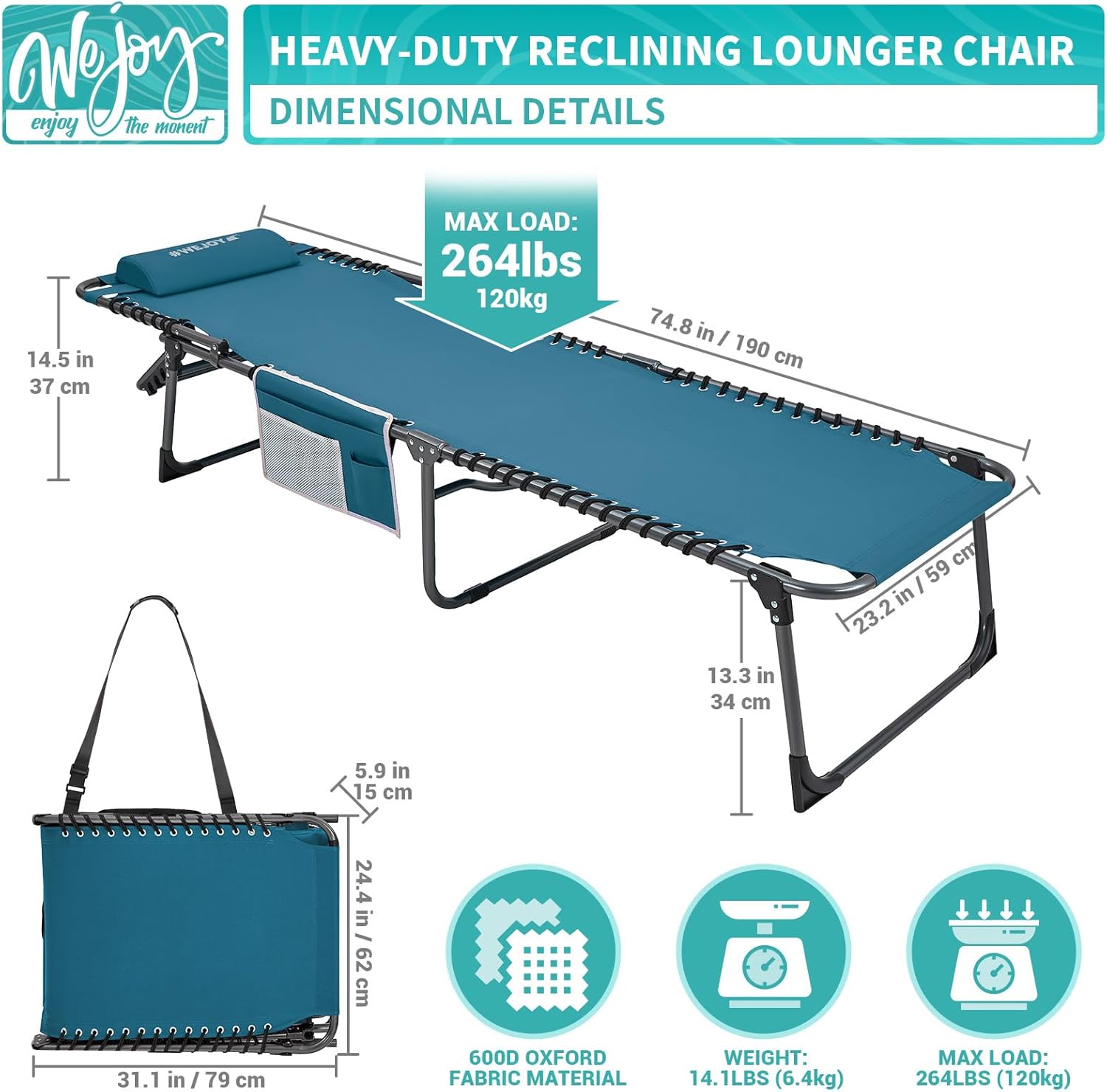 2 Pack Outdoor Chaise Lounge Chair - Portable Folding Patio Pool Lounge Chair, 5 Positions Adjustable Reclining Camping Chair with Side Table,Shoulder Strap, Pillow for Beach Sunbathing Lawn wourant