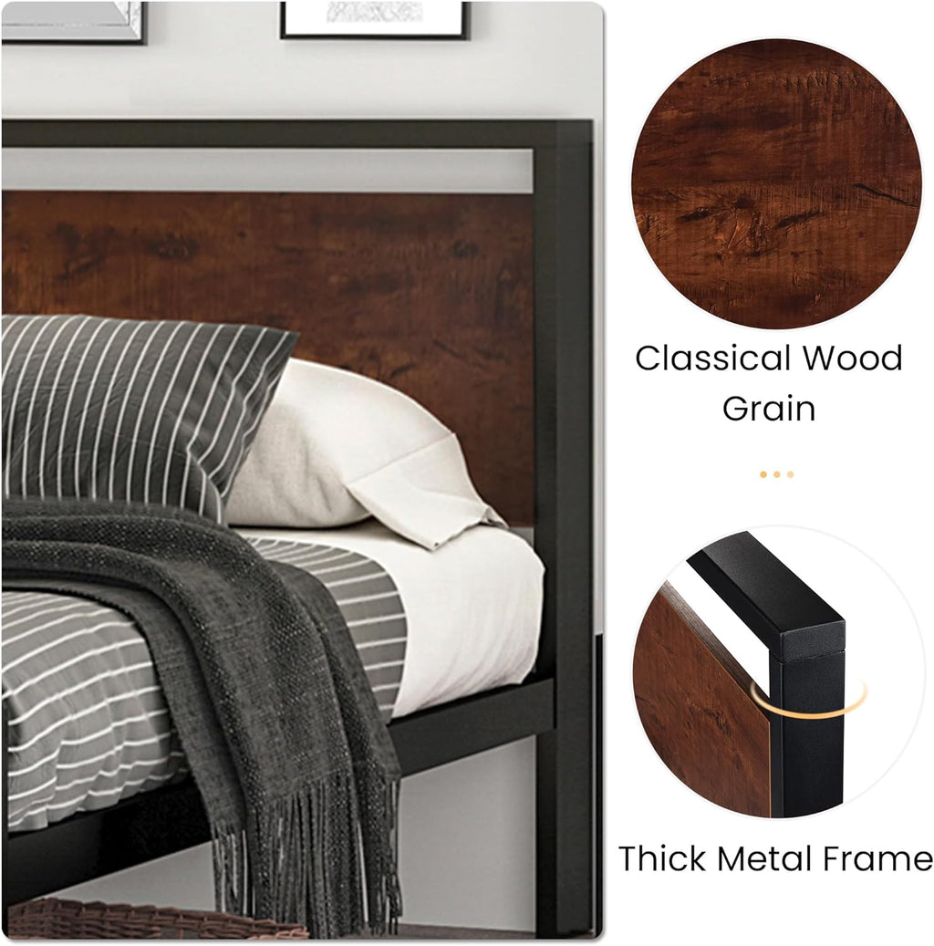SHA CERLIN 14 Inch Queen Size Metal Platform Bed Frame with Wooden Headboard and Footboard wourant
