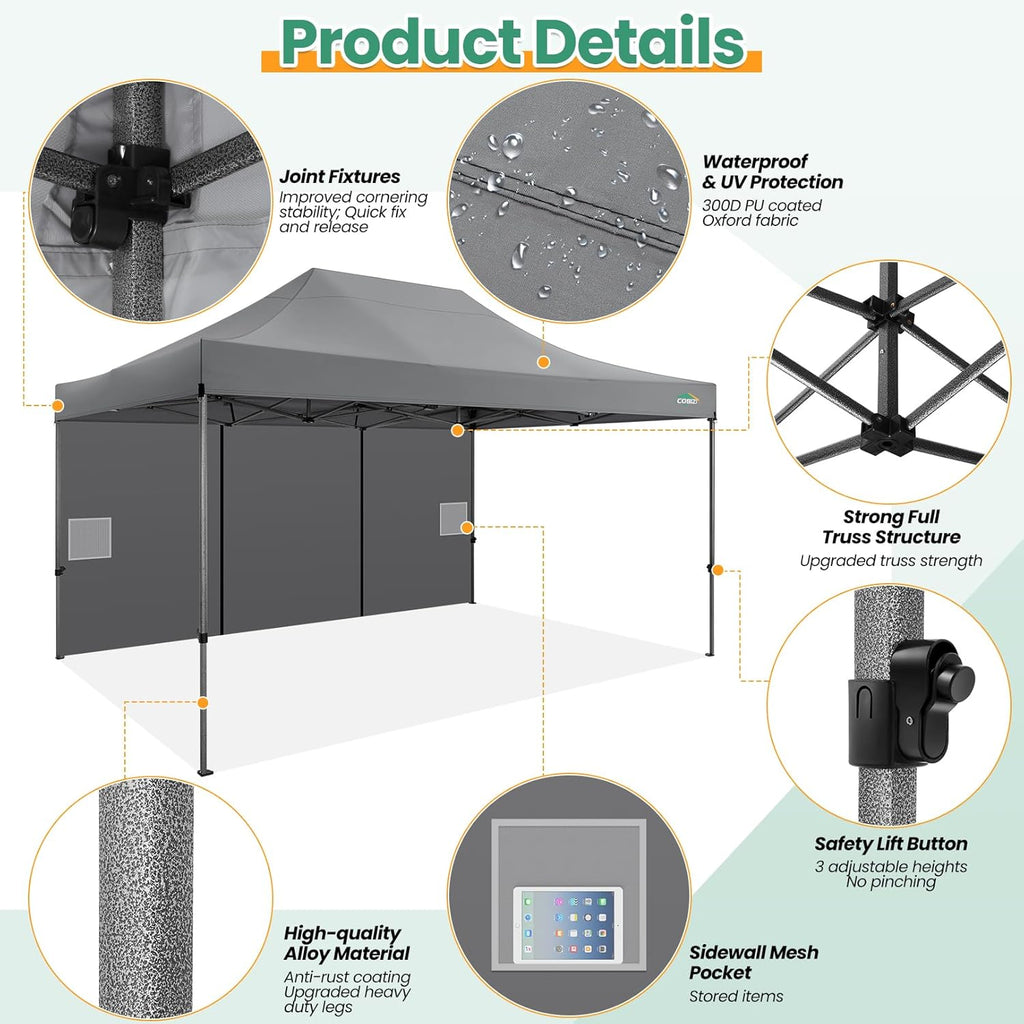 COBIZI 10x20 Heavy Duty Pop up Canopy Tent with 6 sidewalls Easy Up Commercial Outdoor Canopy Wedding Party Tents for Parties All Season Wind & Waterproof Gazebo with Roller Bag,Black(Frame Thickened) wourant