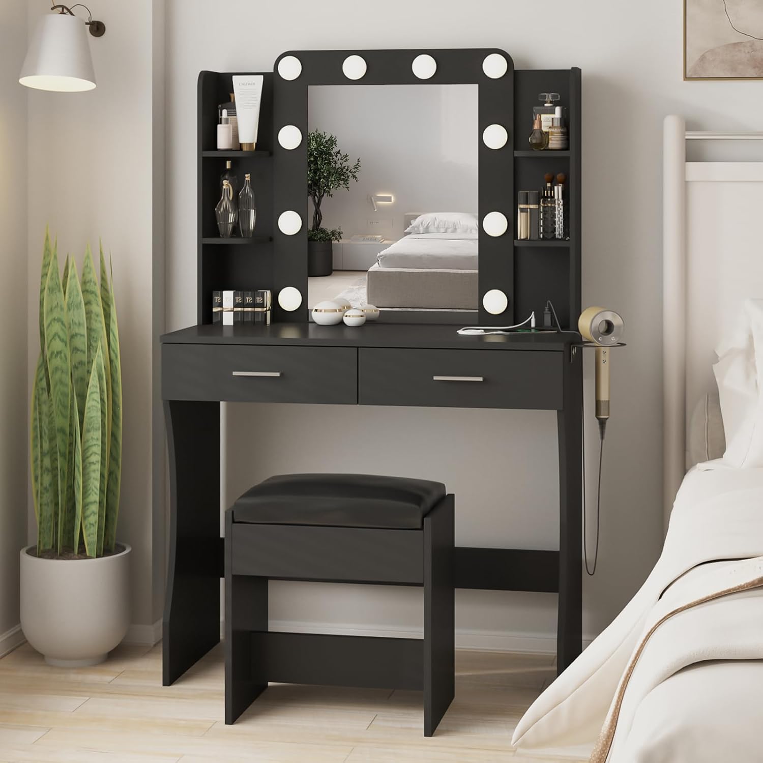 Vabches Vanity Desk with Lights,Makeup Vanity with Power Strip,Dressing Table Set wourant