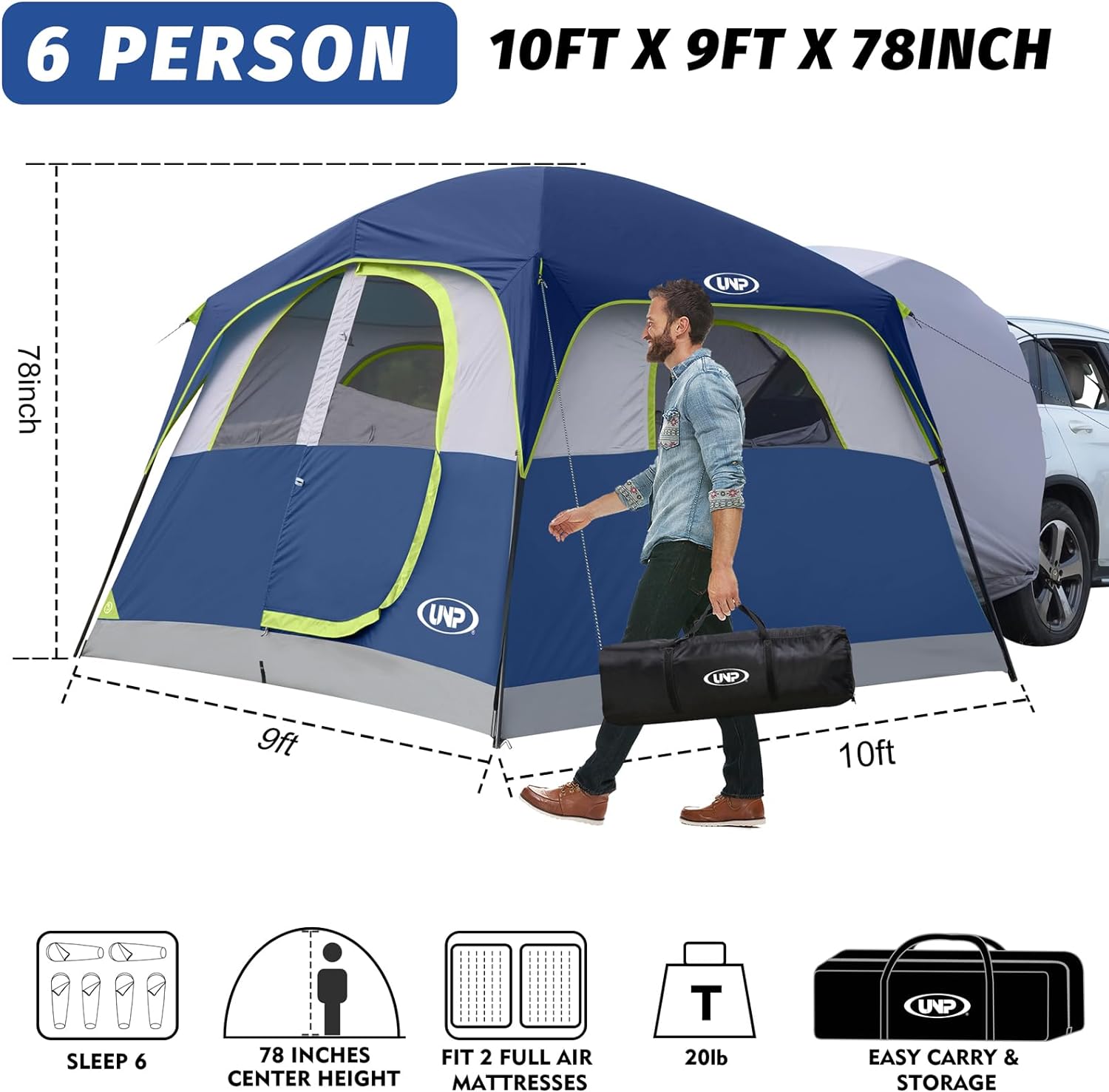 SUV Tent for Camping, 6-Person SUV Tailgate Tent - Easy Set Up with Rainfly, 10'x9'x78in(H) wourant