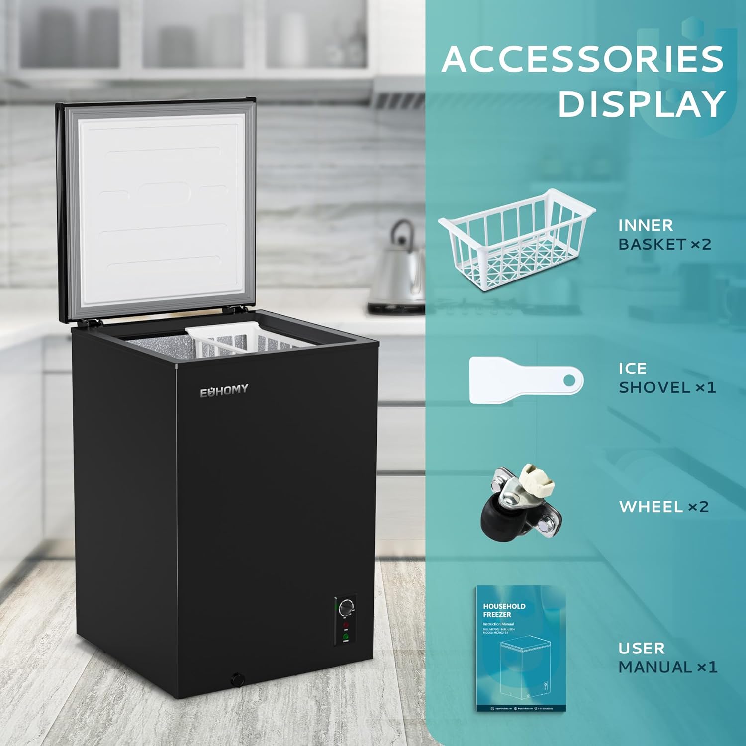EUHOMY 3.5 Cu.Ft Chest Freezer with Removable Basket, Small Deep Freezer Adjustable 7 Thermostat, Quiet Mini Freezer Free-Standing Top Door, Energy Saving for Apartment/Garage/Basement/Dorm/Home,Black wourant