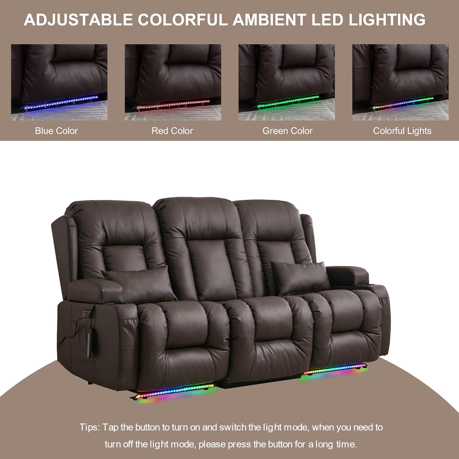 TUNYI Power Loveseat Recliner Sofa with Massage & Heat Home Theater Seating with Console Electric Recliner RV Sofa with USB/Outlet/Storage/Side Pocket/LED Light/Speaker (Brown, Loveseat) wourant