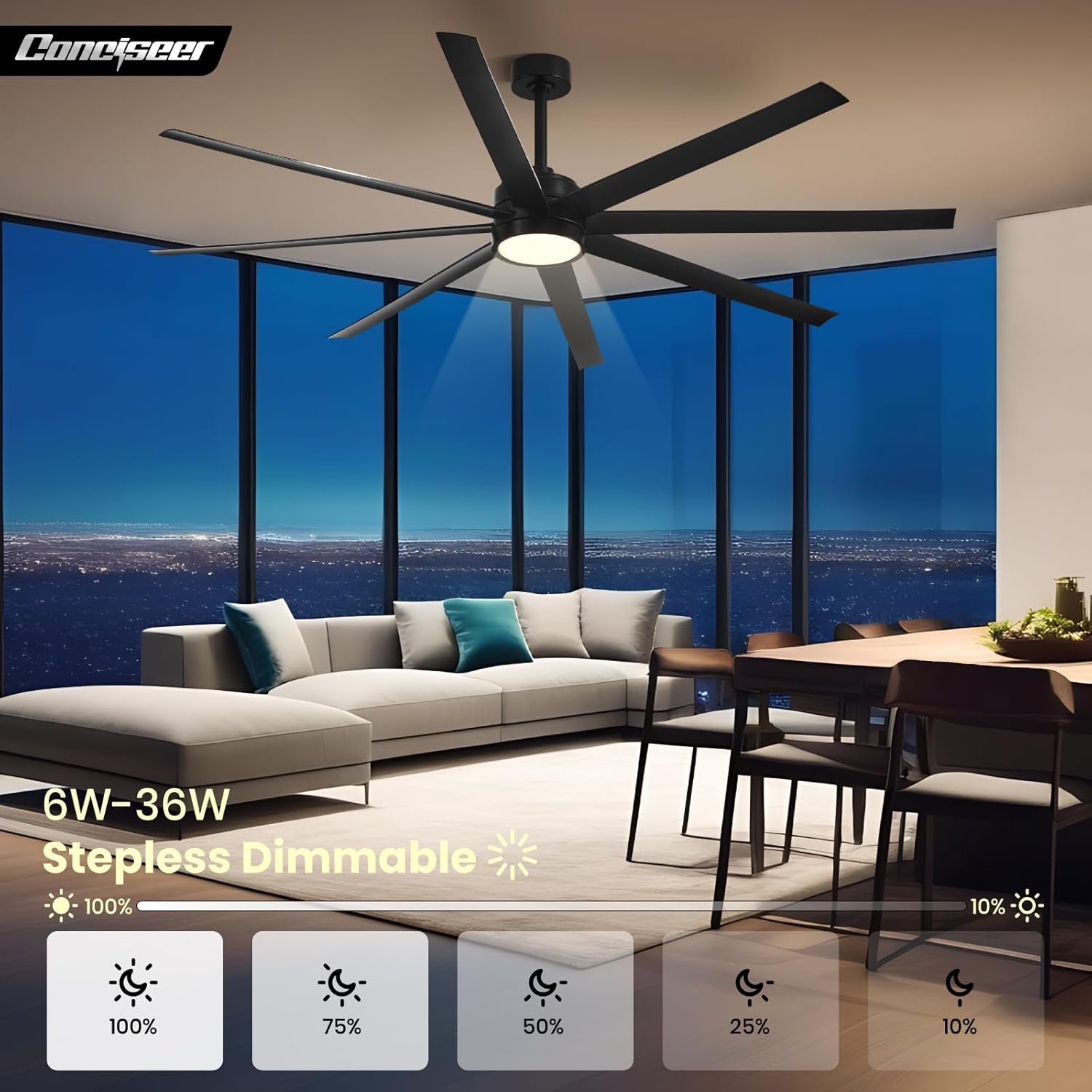 Modern Ceiling Fans with Lights, 72 Inch Ceiling Fan with Light and Remote, Bedroom Living Room Library Cafe Outdoor/Industrial,24W 3CCT Dimmable, 8 Blades 6 Speed Reversible Quiet DC Motor, Black wourant