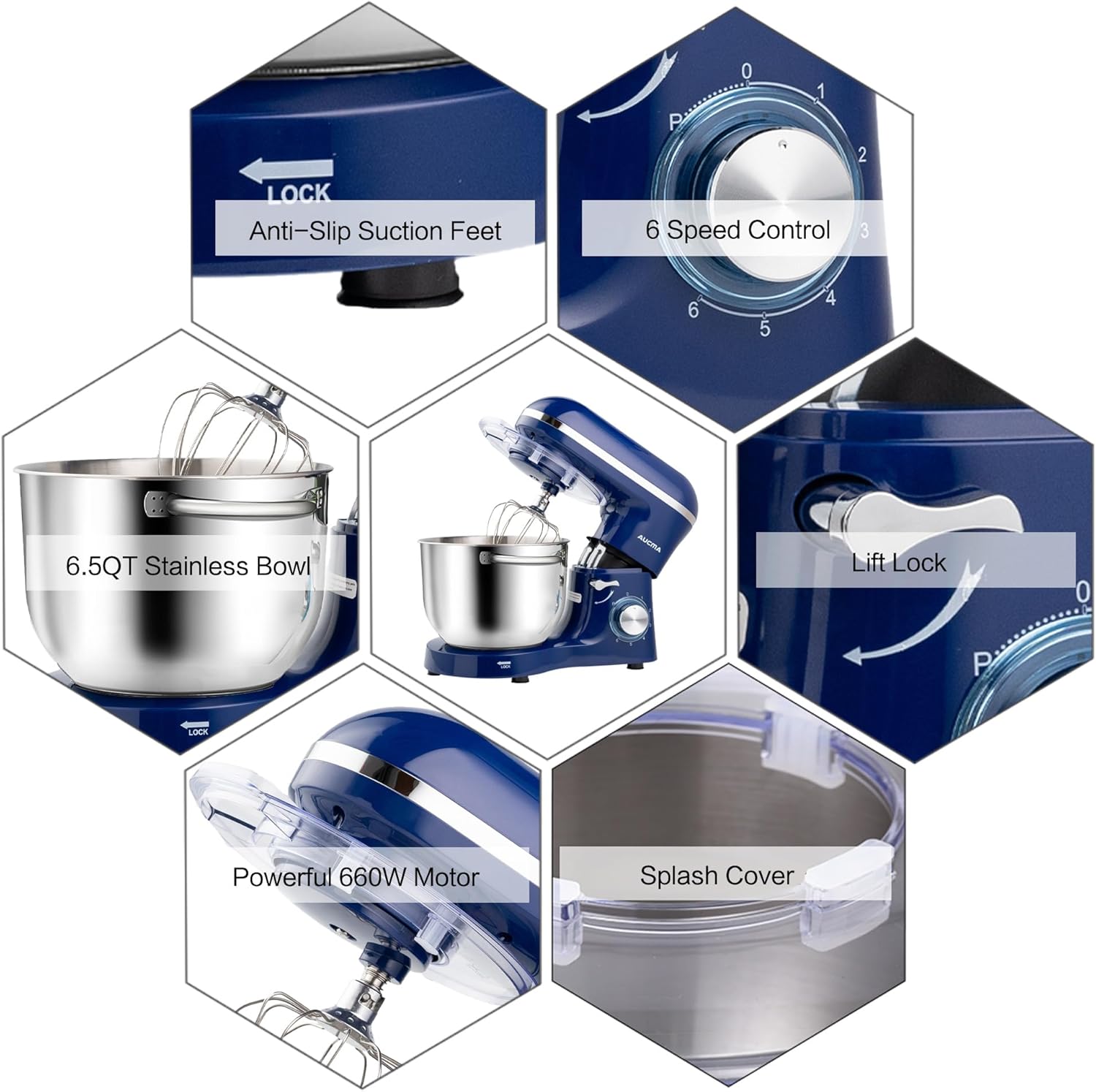 Aucma Stand Mixer,6.5-QT 660W 6-Speed Tilt-Head Food Mixer, Kitchen Electric Mixer with Dough Hook wourant