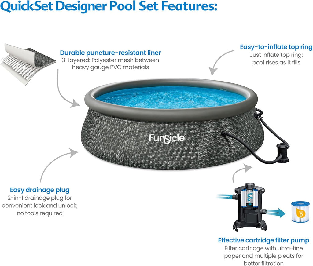 Funsicle 12 Foot by 36 Inch Quickset Round Inflatable Ring Top Outdoor Above Ground Swimming Pool Set with Pump and Cartridge Filter, Dark Herringbone wourant
