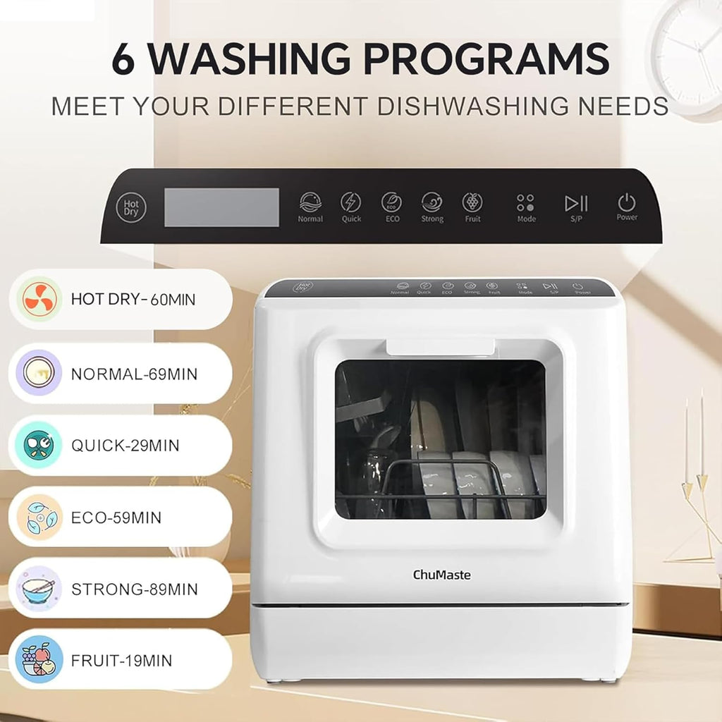 Mini countertop dishwasher. Compact dishwasher with drying function. Double spray arms. Portable countertop dishwasher wourant