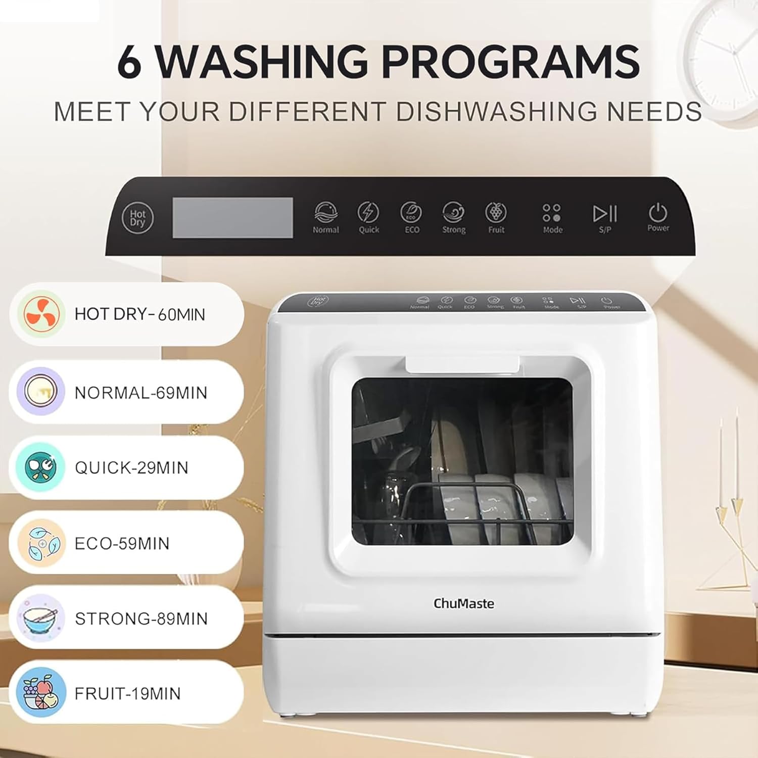 Mini countertop dishwasher. Compact dishwasher with drying function. Double spray arms. Portable countertop dishwasher wourant
