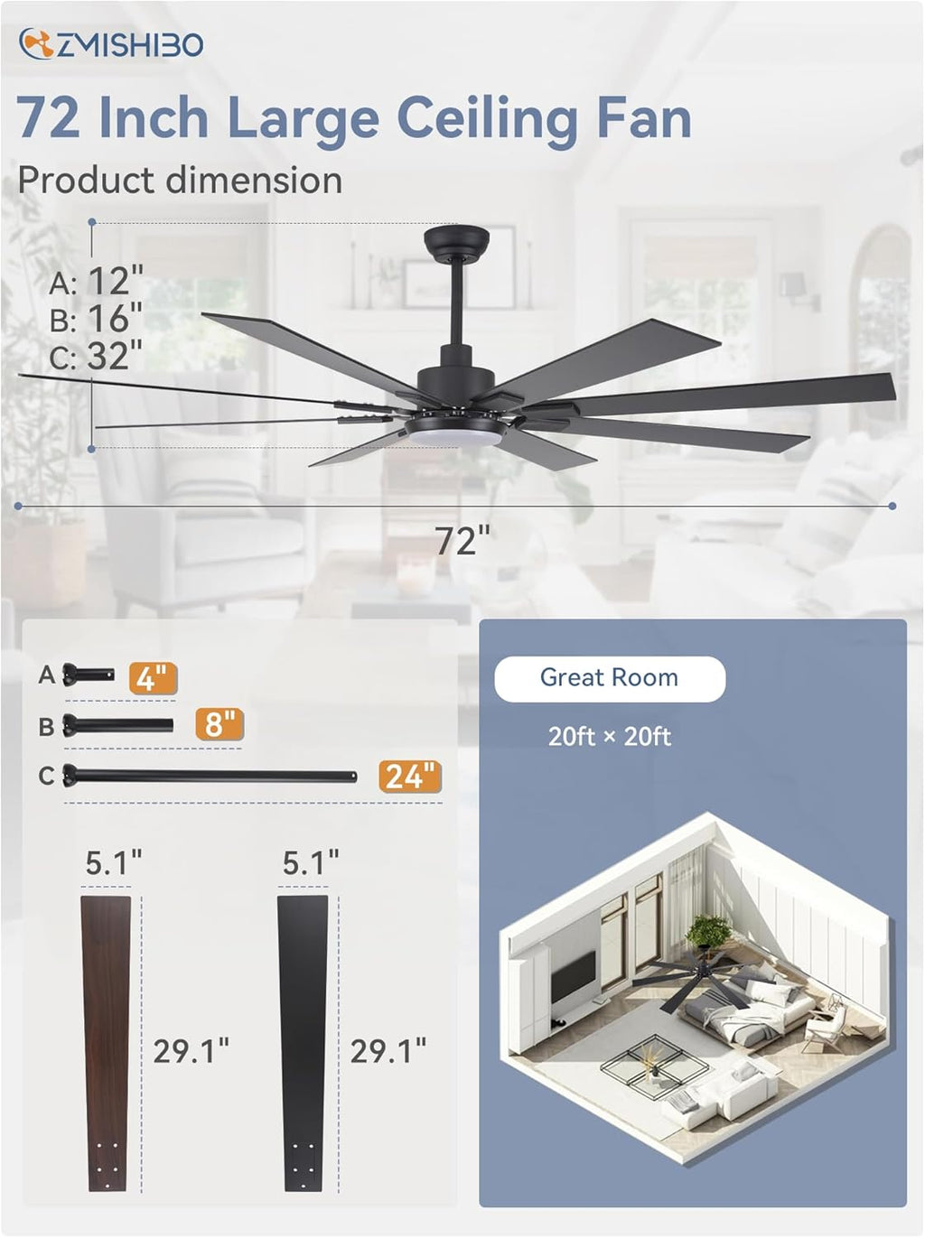 ZMISHIBO 72 inch Large Ceiling Fans with Lights and Remote, Indoor/Outdoor Black Modern Ceiling Fan for Kitchen Living Room Patio, 6 Speed Reversible Quiet DC Motor, 3 CCT, Dual Finish 8 Blades wourant