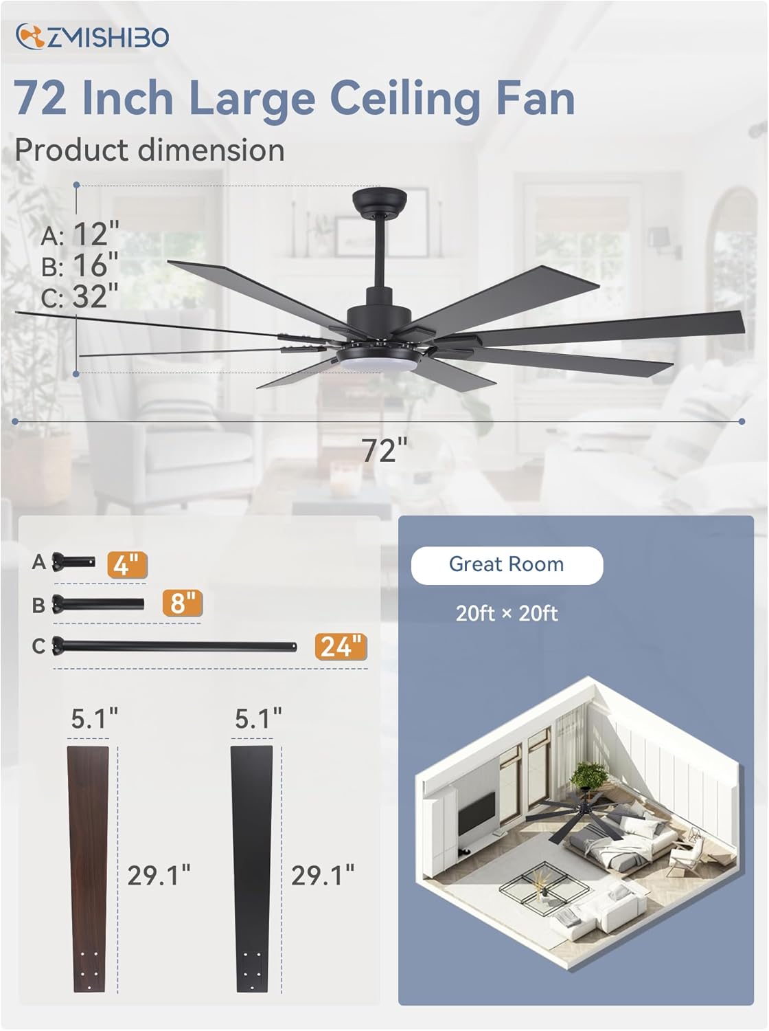 ZMISHIBO 72 inch Large Ceiling Fans with Lights and Remote, Indoor/Outdoor Black Modern Ceiling Fan for Kitchen Living Room Patio, 6 Speed Reversible Quiet DC Motor, 3 CCT, Dual Finish 8 Blades wourant