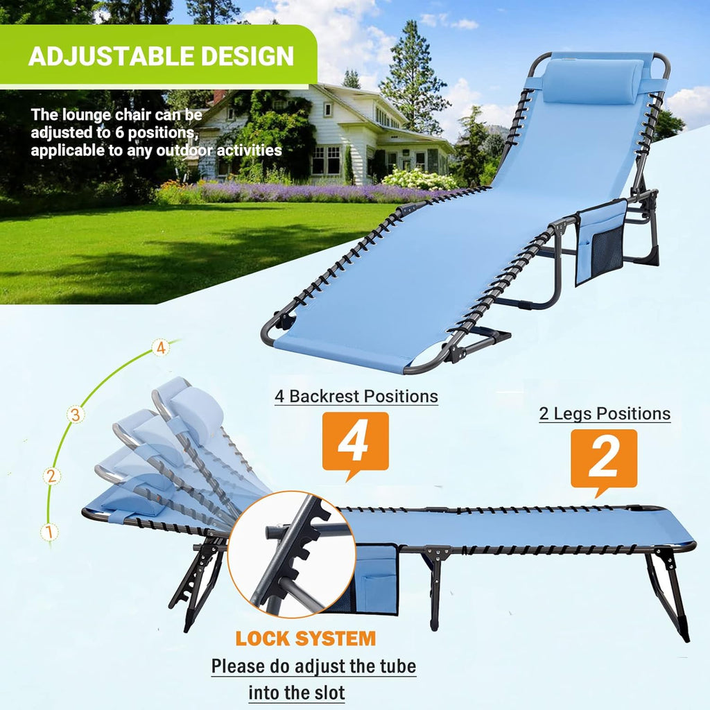 2 Pack Outdoor Chaise Lounge Chair - Portable Folding Patio Pool Lounge Chair, 5 Positions Adjustable Reclining Camping Chair with Side Table,Shoulder Strap, Pillow for Beach Sunbathing Lawn wourant