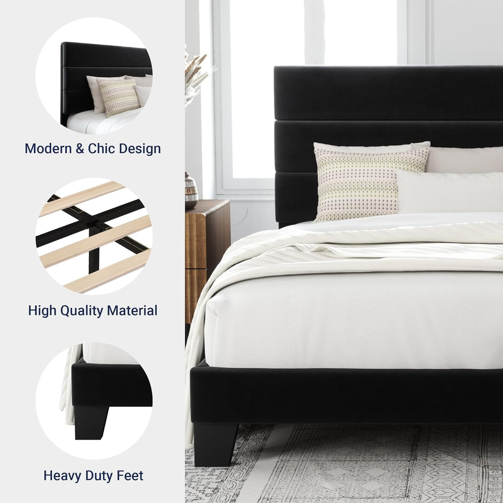 Allewie Queen Size Platform Bed Frame Fabric Upholstered Headboard Wooden Slats Support wourant