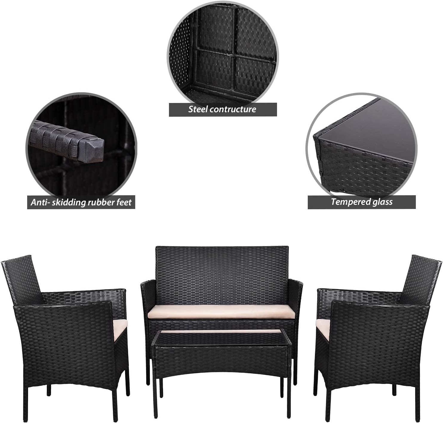 Homall 4 Pieces Outdoor Patio Furniture Sets Rattan Chair Wicker Set, Outdoor Indoor Use Backyard Porch Garden Poolside Balcony Furniture Sets (Grey) wourant
