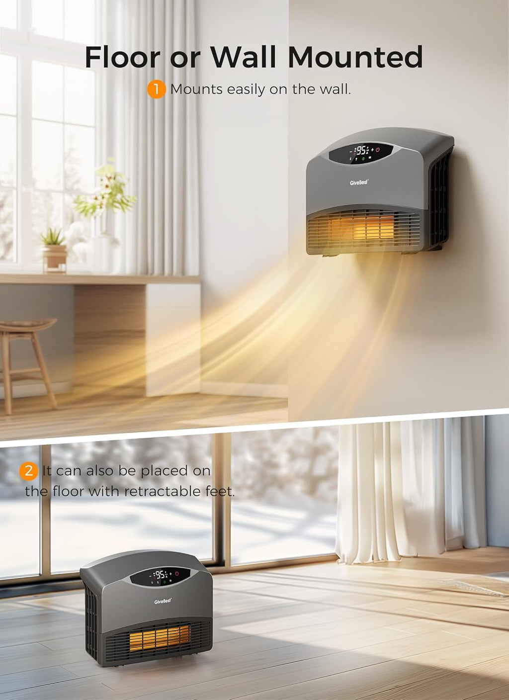 GiveBest Electric Wall Heater with WiFi and Remote Control, Floor or Wall Mounted Heater, Large Room Coverage, 3 Heating Modes, 1500W Fast Heating Space with Thermostat for Indoor Room Use wourant