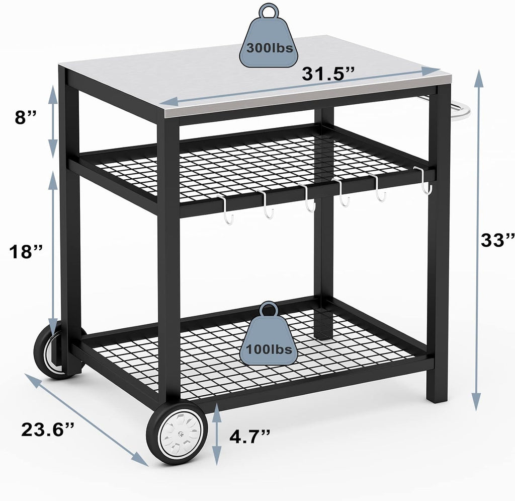 Stainless Steel Outdoor Grill Cart Pizza Oven Stand Trolley Table with Wheels Three-Shelf Movable Food Prep and Work Table Heavy Duty Grill Carts Outdoor Cart 31.5"×24"×35.5" wourant
