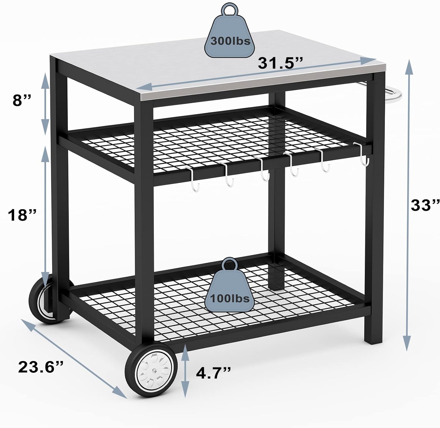 Stainless Steel Outdoor Grill Cart Pizza Oven Stand Trolley Table with Wheels Three-Shelf Movable Food Prep and Work Table Heavy Duty Grill Carts Outdoor Cart 31.5"×24"×35.5" wourant