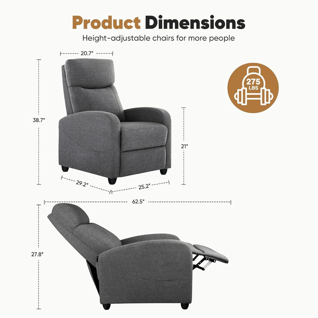 DUMOS Recliner Chair for Adults, Massage Reclining Chair for Living Room, Adjustable Home Theater Seating Single Sofa with Padded Seat Backrest and Footrest, Linen, Grey wourant