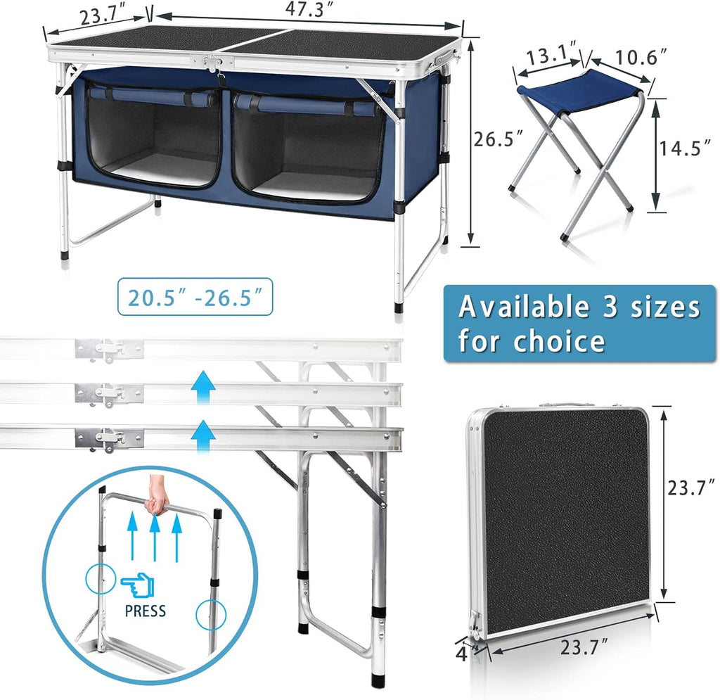 Outdoor Folding Table Aluminum Lightweight Height Adjustable with Storage Organizer for BBQ, Party, Camping wourant
