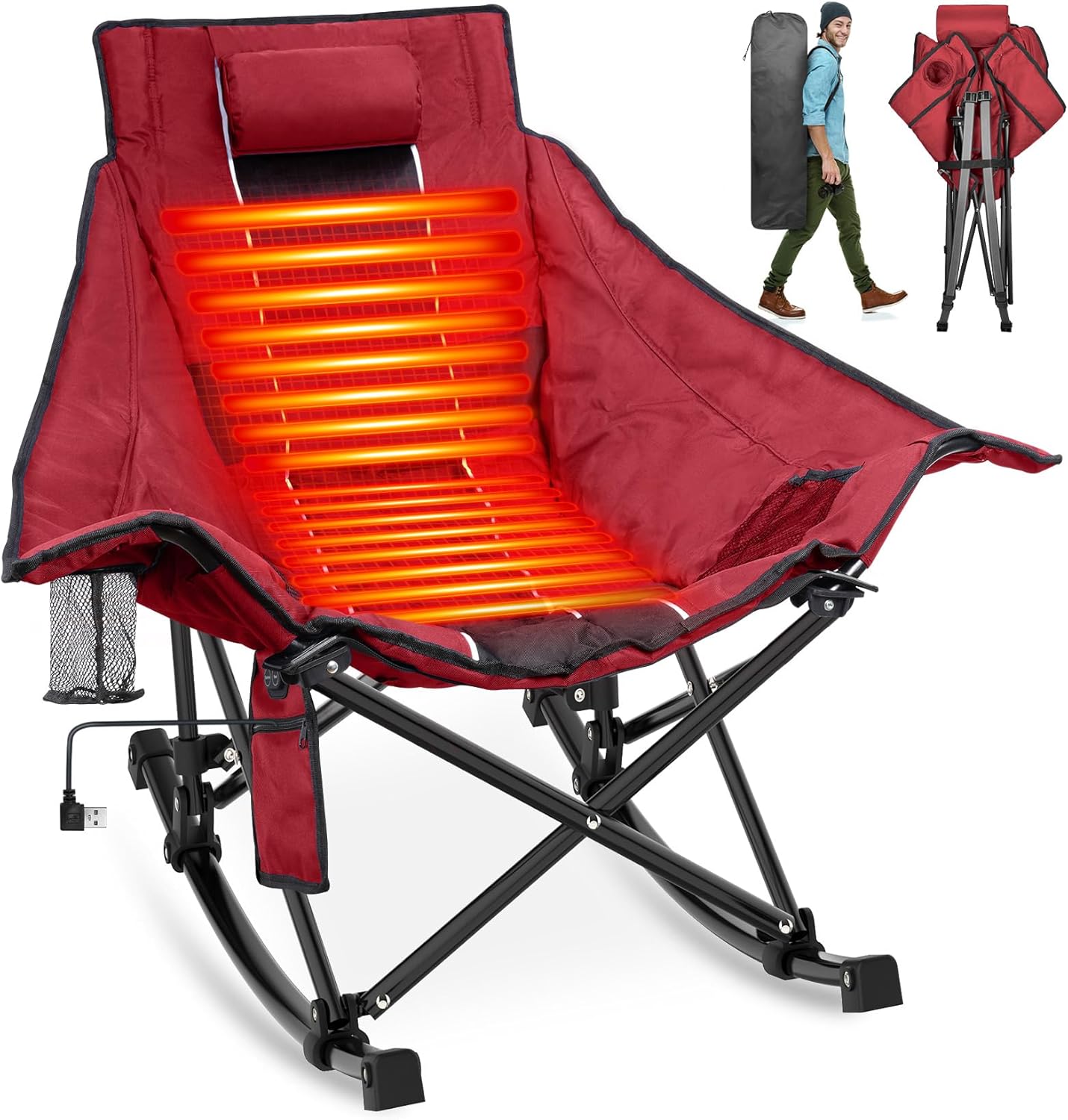 Heated Camping Chair, Extra Large Heated Chair Outdoor Sports Chair with 3 Heat Levels on Back and Seat, Portable Folding Heated Outdoor Chair (Batteries Not Included) wourant
