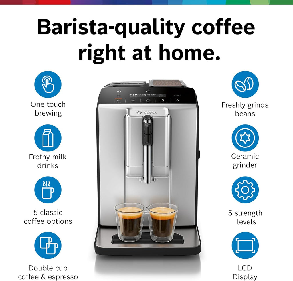 Bosch Fully Automatic Coffee and Espresso Machine - One-Touch Drinks, Barista Style, Double Cup Super Coffee Maker - Large Bean Capacity - Easy Clean, Maintenance - Black - TIU20307 woonhhop