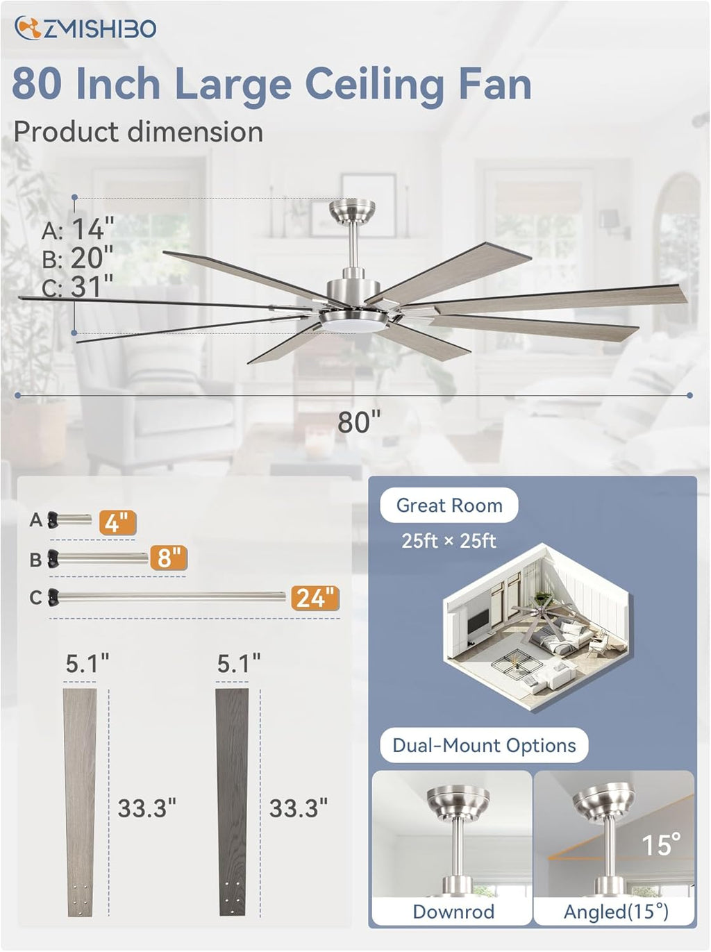 ZMISHIBO 72 inch Large Ceiling Fans with Lights and Remote, Indoor/Outdoor Black Modern Ceiling Fan for Kitchen Living Room Patio, 6 Speed Reversible Quiet DC Motor, 3 CCT, Dual Finish 8 Blades wourant