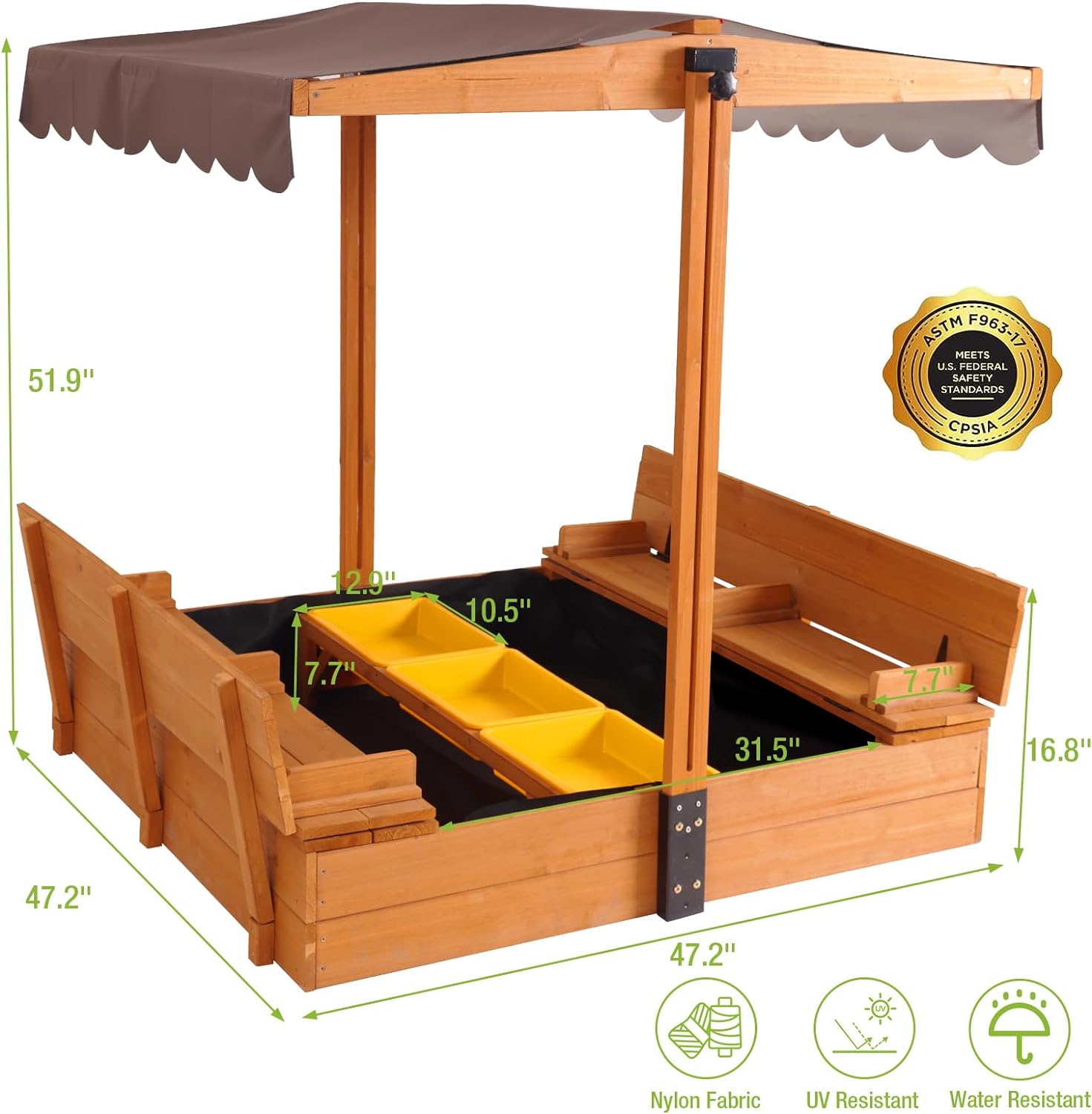 Kids Wooden Outdoor Sandbox w/Canopy, 2 Foldable Bench Seats, Retractable Roof Sand Protection Liner 47x47-Inch wourant