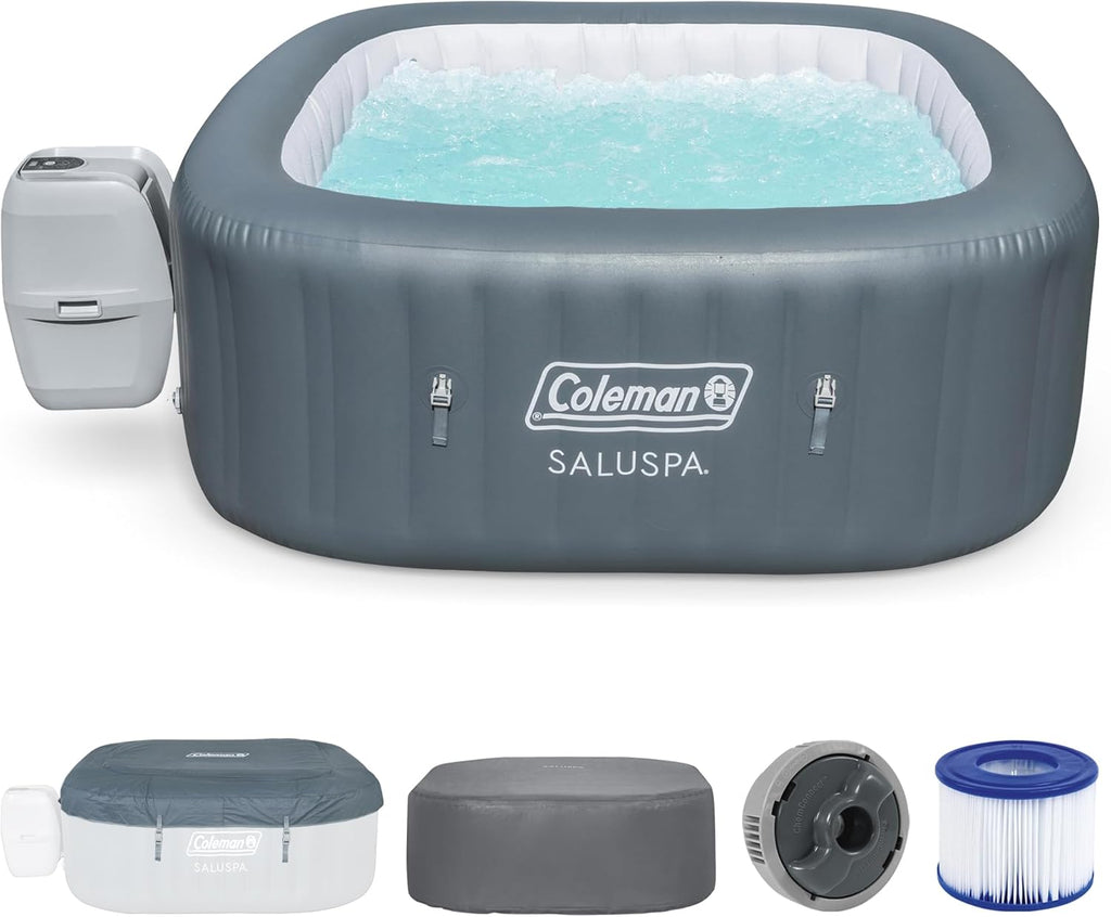 Coleman SaluSpa Atlantis AirJet 4 to 6 Person Inflatable Hot Tub Square Portable Outdoor Spa with 140 Soothing Jets with Cover, Blue wourant