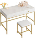 SUPERJARE 35.4" White and Gold Desk with 2 Drawers, Modern Makeup Vanity wourant