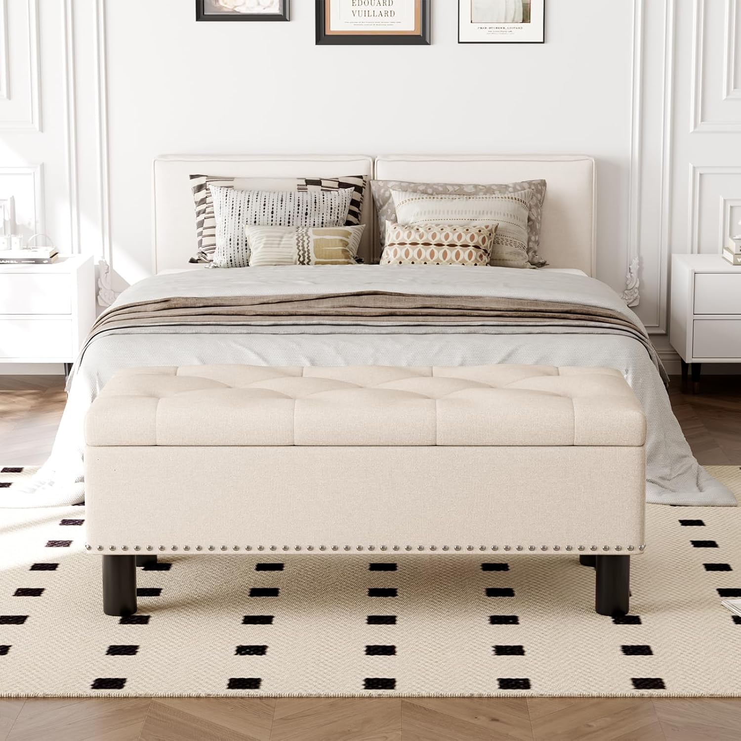 Furniliving Modern Storage Ottoman Bench, Sherpa Ottoman End of Bed Bench with Solid Wood Legs Upholstered Ottoman Benches with Storage Indoor Bench wourant