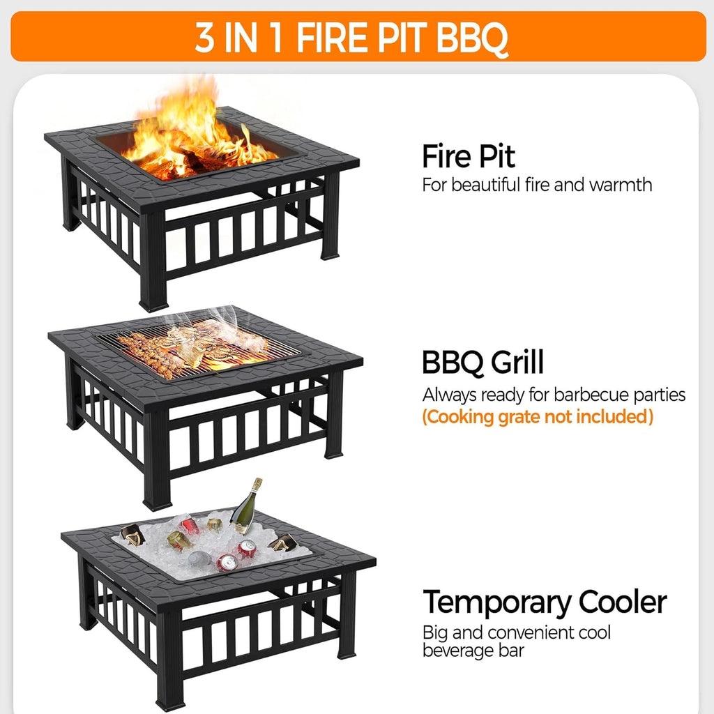 Yaheetech Multifunctional Fire Pit Table 32in Square Metal Firepit Stove Backyard Patio Garden Fireplace for Camping, Outdoor Heating, Bonfire and Picnic wourant