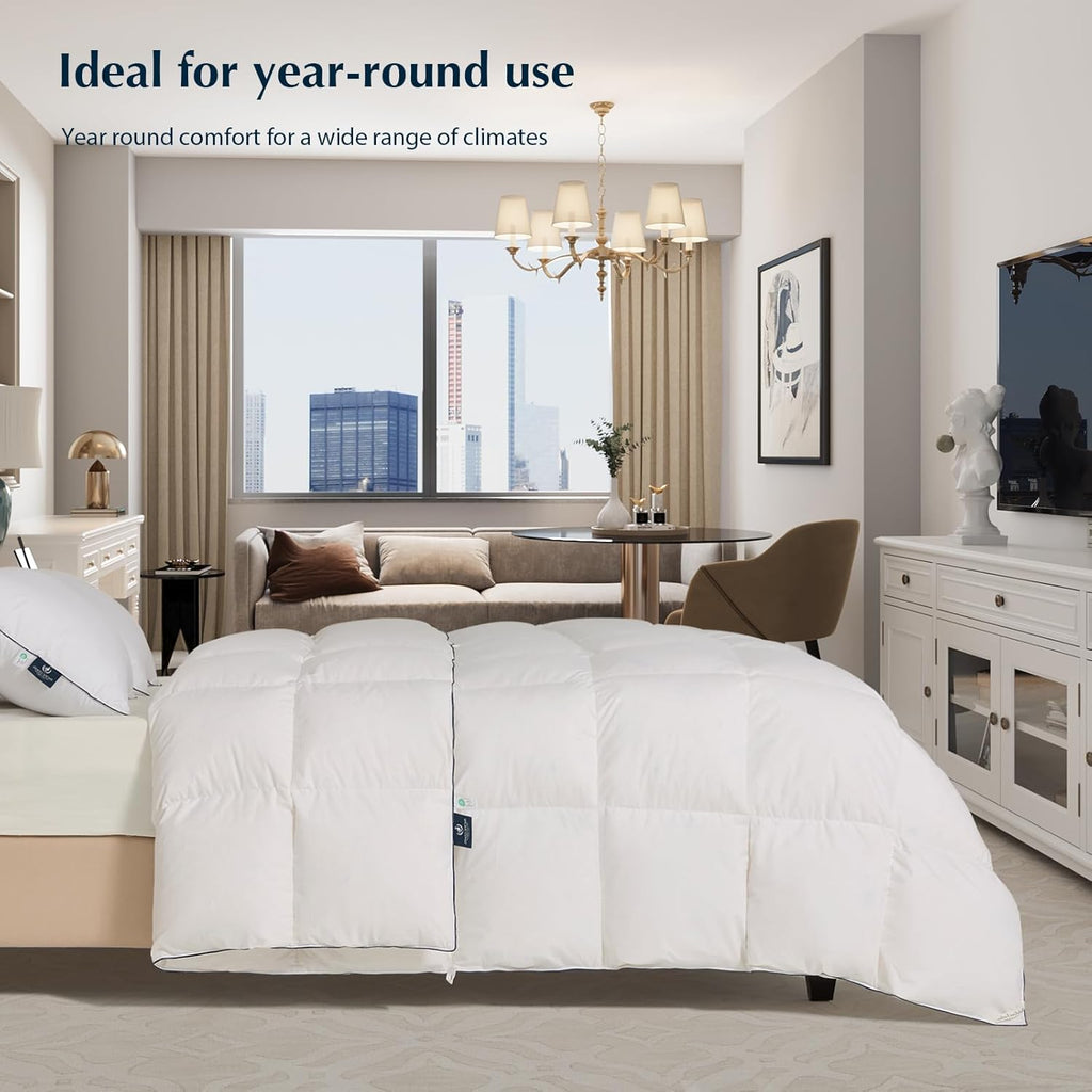 PACIFIC COAST Goose Feather Down Comforters Queen Size, 100% Cotton Extra Fluffy White Duvet Insert, Soft, Breathable, All Season Hotel Luxury Bedding Comforters, 8 Corner & Center Loops (90"x90") wourant