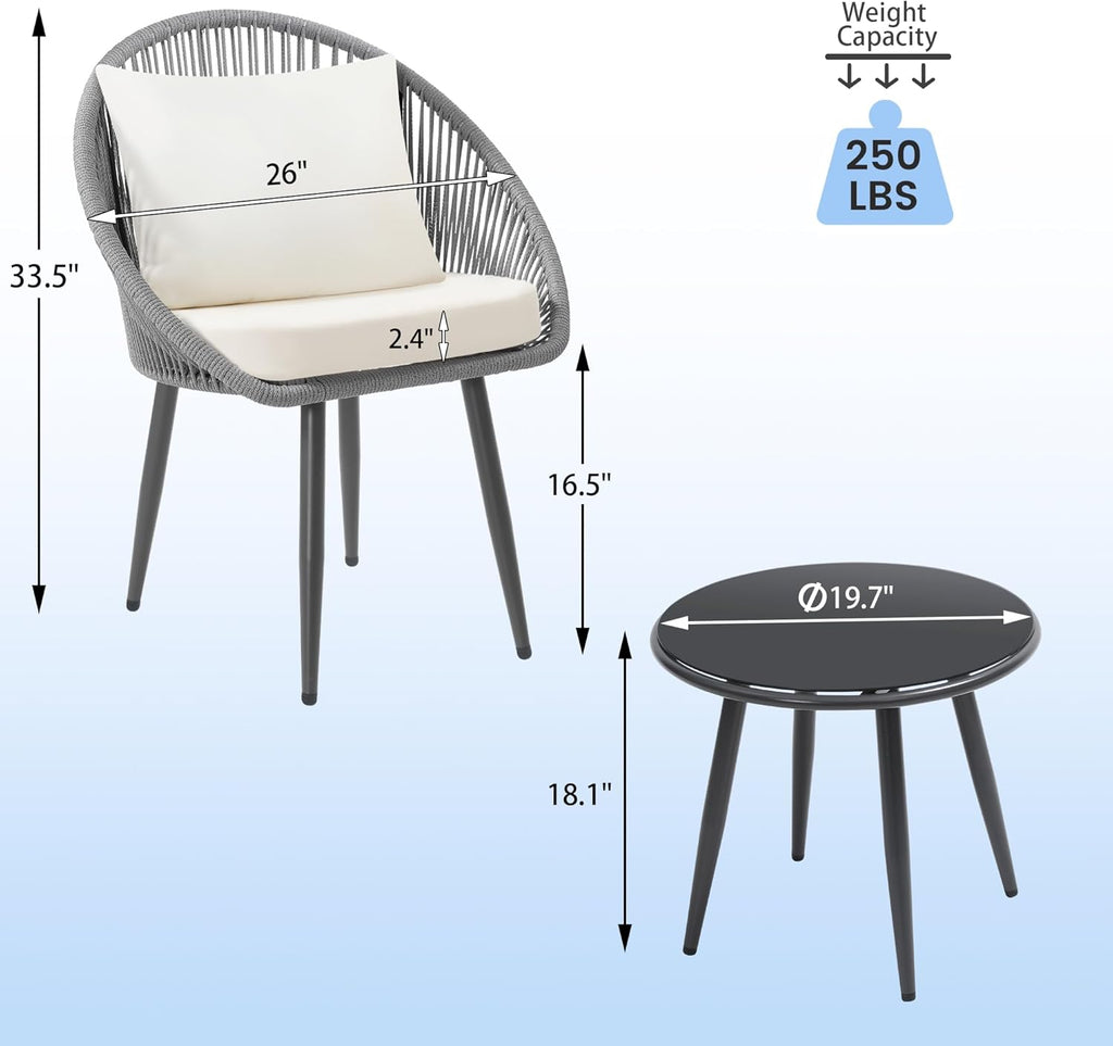 3 Piece Bistro Set, Woven Rope Chair with Cushions, All Weather Patio Conversation Set with Side Table, Ideal for Deck, Balcony, Poolside, Black wourant